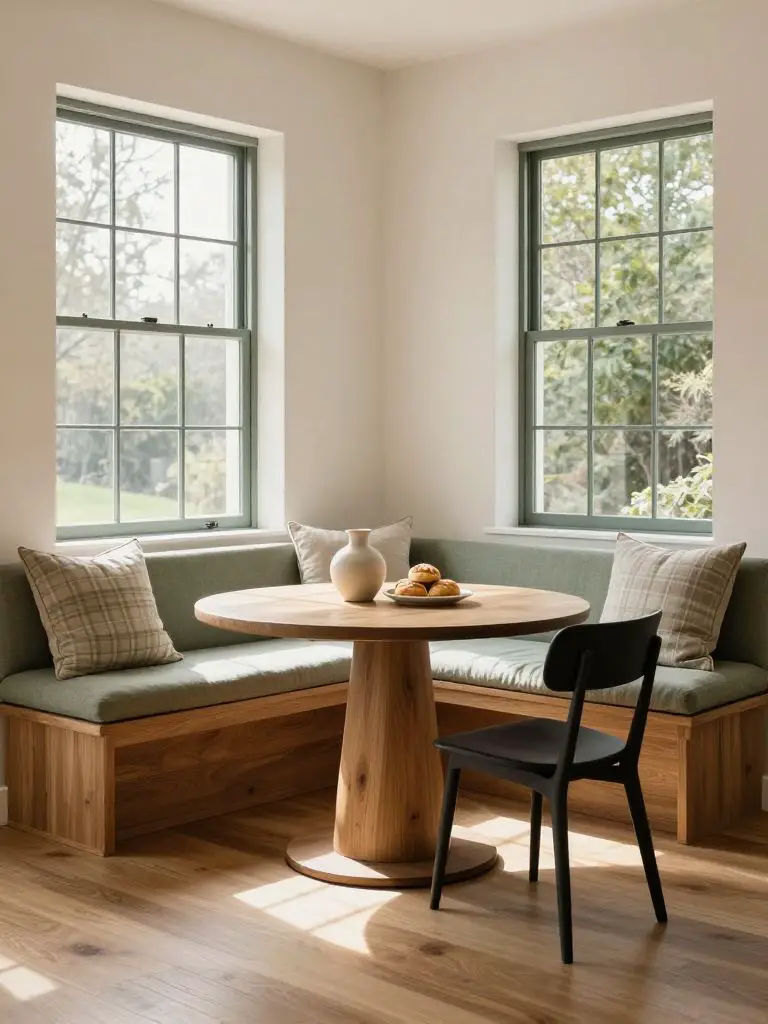 A cozy modern earthy breakfast nook featuring a built-in wood bench beneath large corner windows.