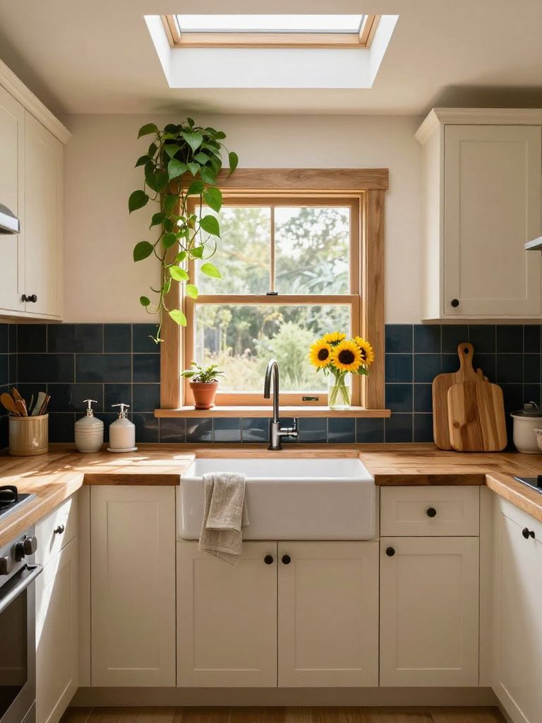 A cozy cottage-style earthy kitchen centered around a white apron-front farmhouse sink beneath a wood-trimmed window and skylight.
