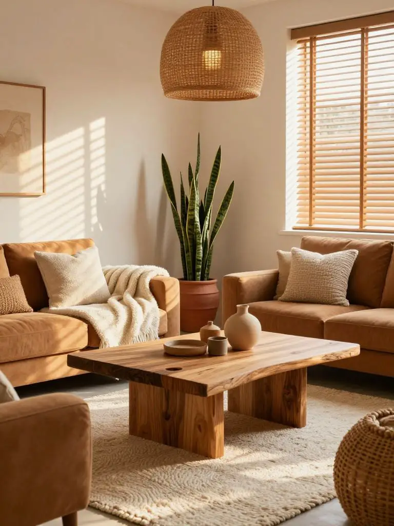A sun-drenched cozy earthy living room corner styled in Modern Rustic fashion, featuring a live-edge solid wood coffee table centered on a t.