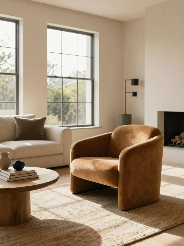 A sunlit modern earthy living room blending Warm Minimalist and organic contemporary style.