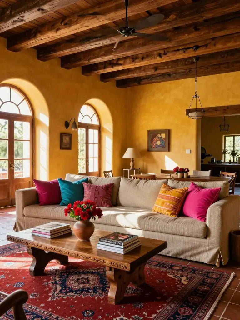 A spacious Hacienda-style great room with soaring exposed wooden beams and warm golden-yellow plaster walls.