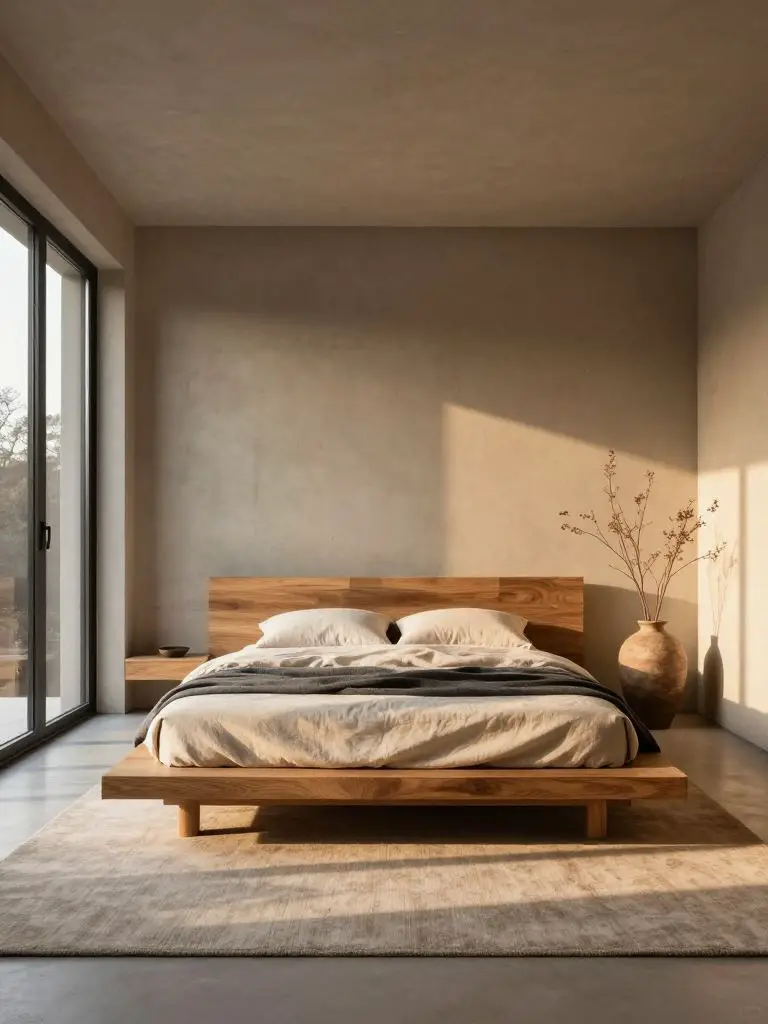 A sunlit Japandi bedroom showcasing a low platform bed crafted from honey-toned oak centered against a smooth warm concrete wall.