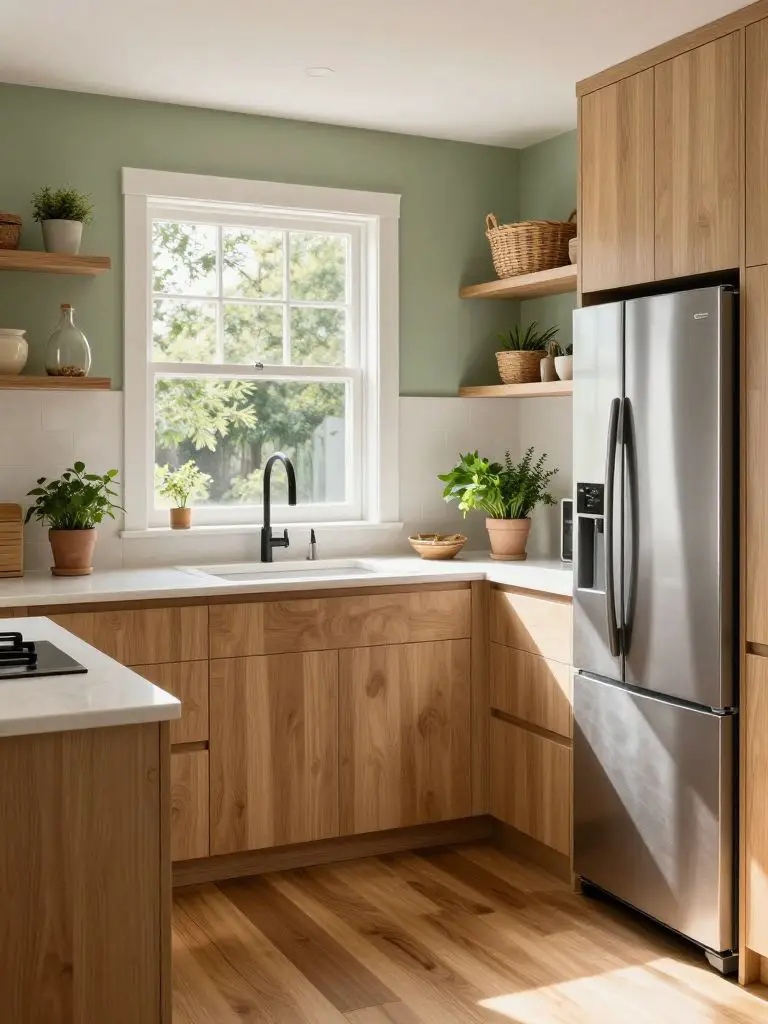 Design a sunlit sustainable kitchen corner with energy-efficient layout and natural materials.