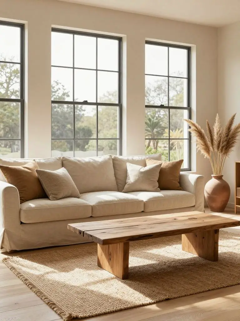 A bright living room scene showcasing eco friendly home decor in a warm minimalist and modern rustic style.
