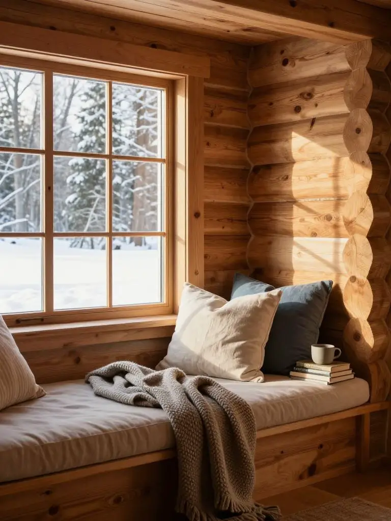 A sunlit winter cabin decor window nook designed in warm modern rustic style, featuring rounded log walls in honeyed pine and a built-in ben.