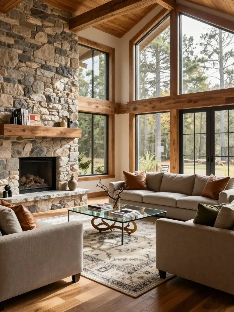 A sun-drenched modern rustic cabin design living room with a floor-to-ceiling river rock fireplace and expansive picture windows.