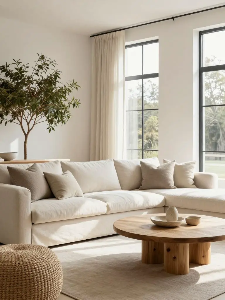 A light-filled neutral minimalist living room with a cream sofa styled against bright white walls and floor-to-ceiling windows.
