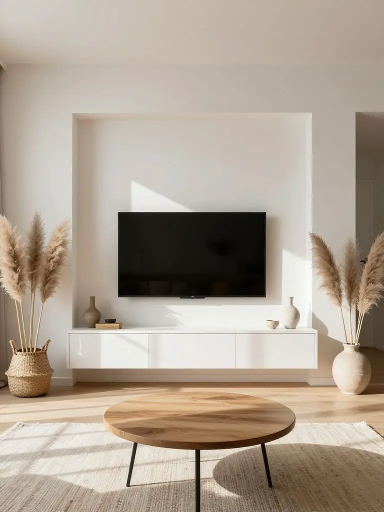 A sunlit recessed minimalist TV niche framed by soft white architectural detailing.