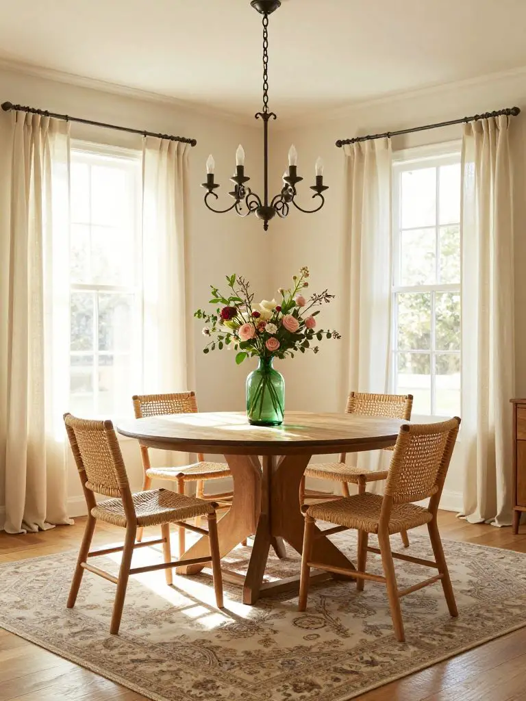A sunlit rustic dining room in Classic Farmhouse style featuring a round dining table surrounded by woven rattan chairs.