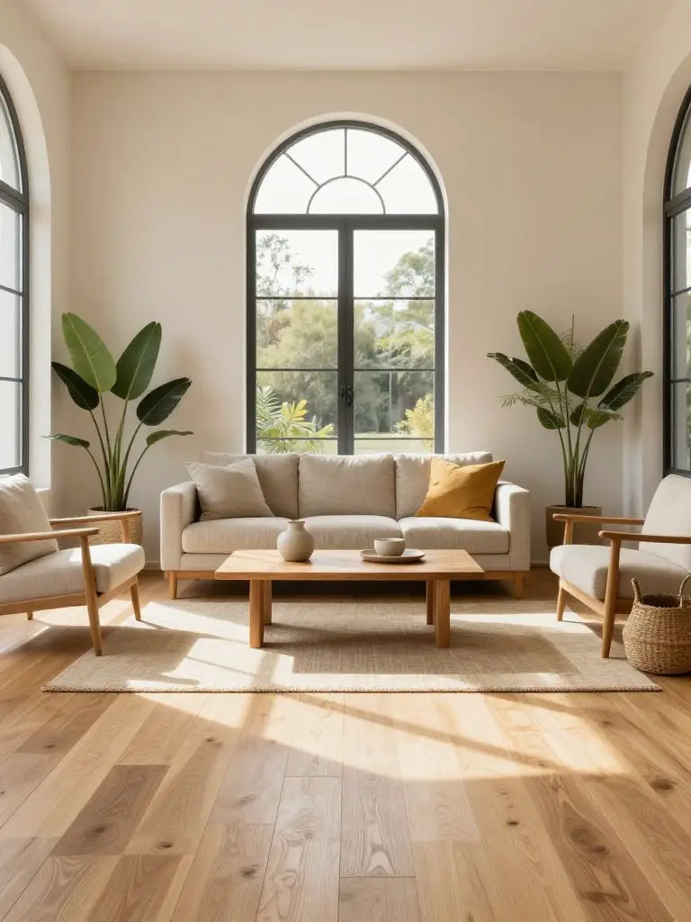 Bright sustainable living room featuring FSC-certified light oak flooring and a neutral linen sofa centered beneath tall arched windows.
