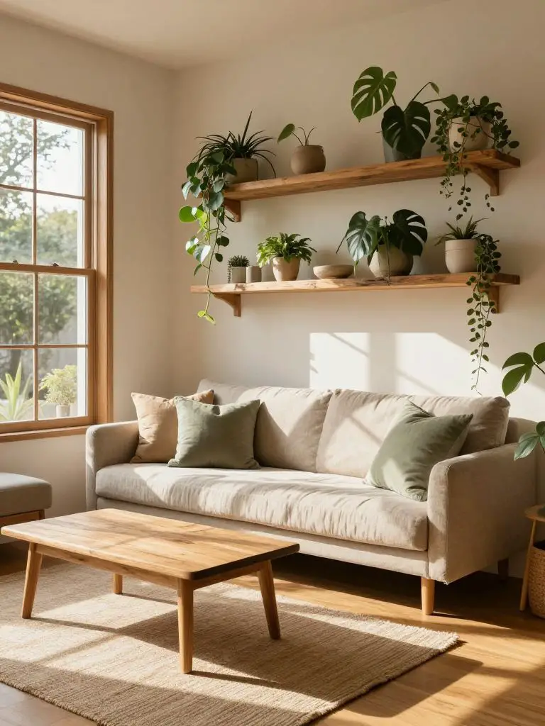A sunlit sustainable living room featuring floating reclaimed wood shelves mounted on a warm cream wall beside tall wood-trimmed windows.