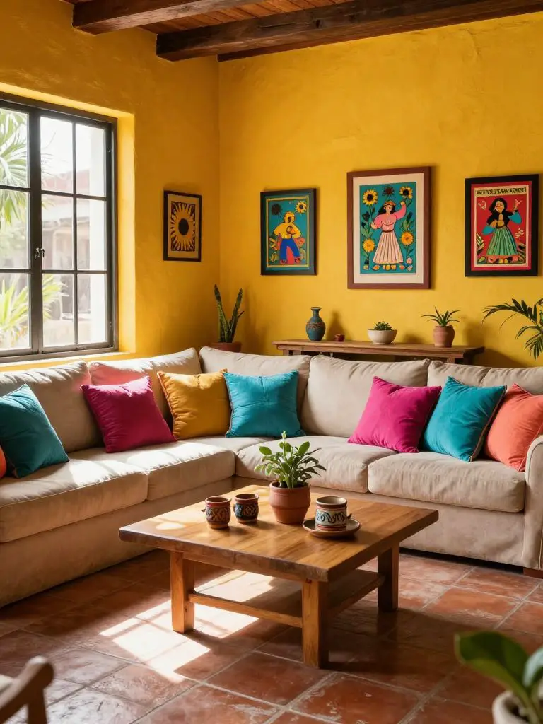 A sun-drenched Mexican style living room with bold sunflower yellow walls as the backdrop, creating a lively yet cozy environment.