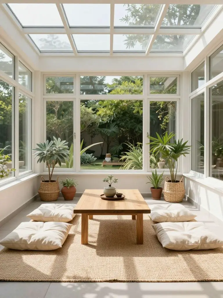 A bright Japanese Scandinavian sunroom designed as a minimalist tea space with woven textures and garden views.