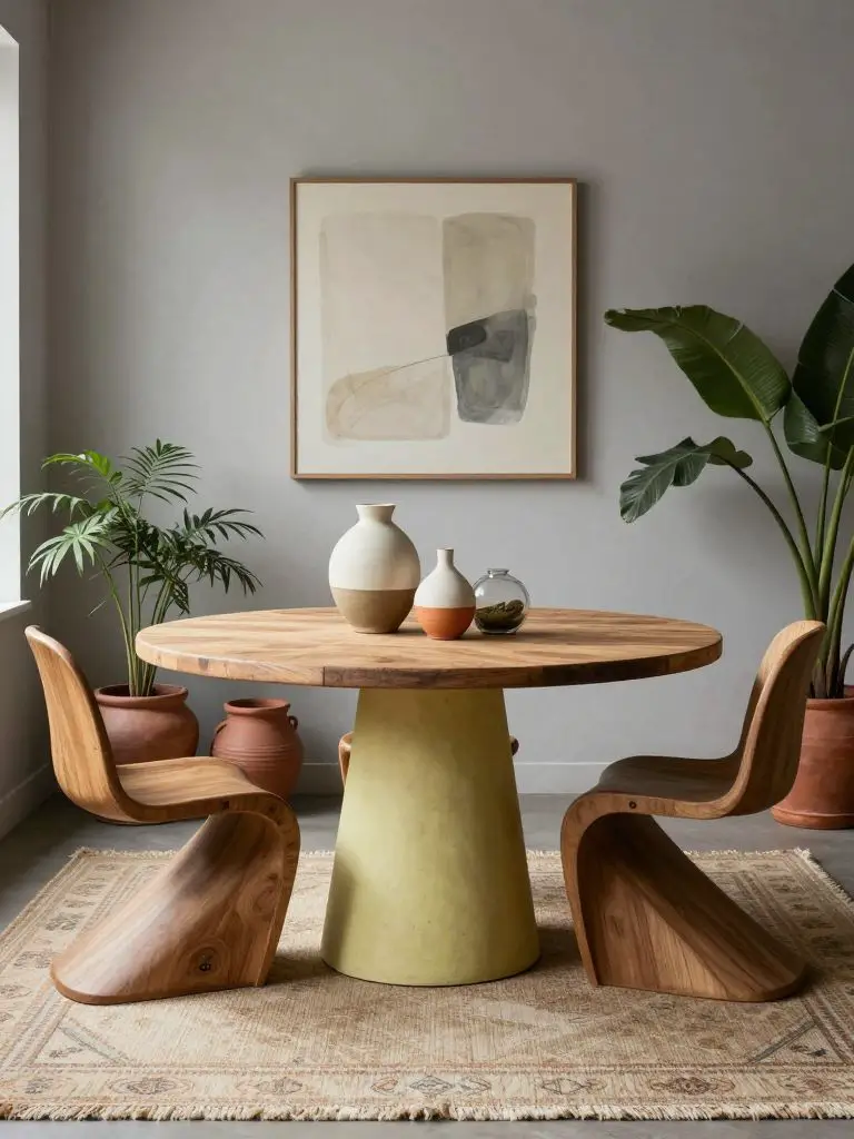An eco friendly dining nook featuring a round pedestal table crafted from reclaimed wood and lime-based plaster finishes.