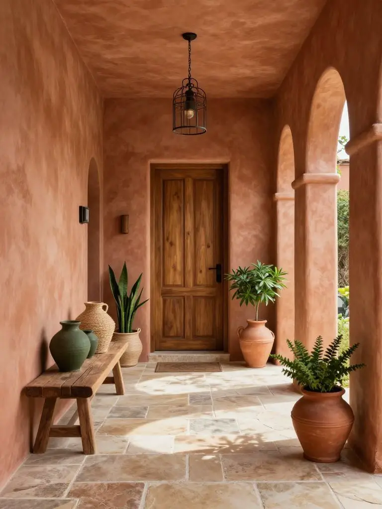 Create a sustainable home decor entryway inspired by Mediterranean Modern Rustic design.
