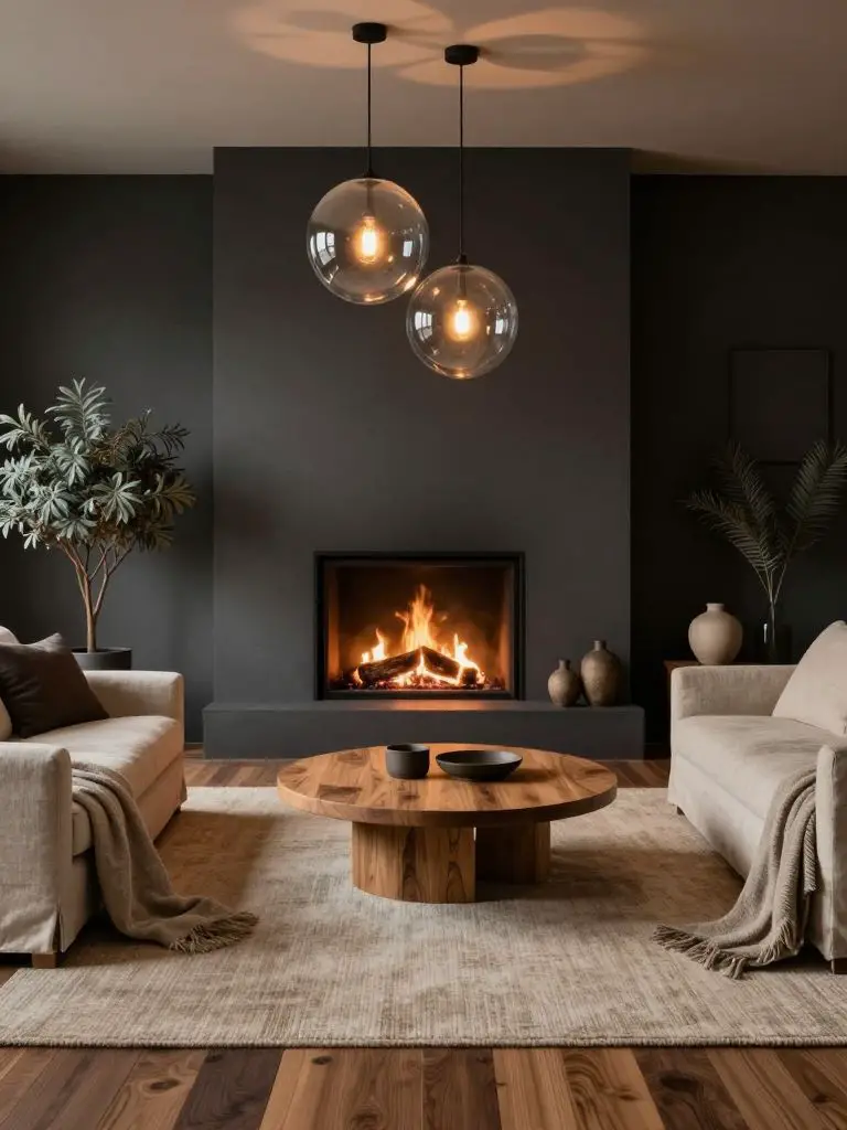 Warm Modern Rustic sustainable living room styled for evening ambiance with layered lighting.