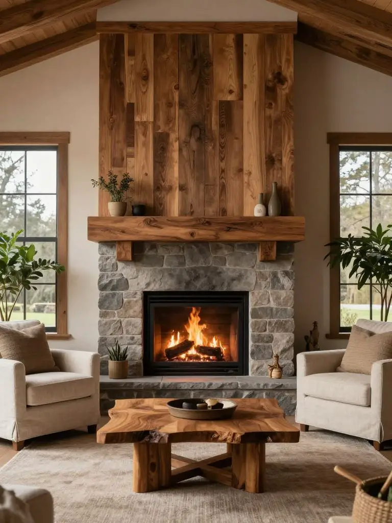 Modern Rustic sustainable fireplace design featuring reclaimed timber paneling and natural stone surround.