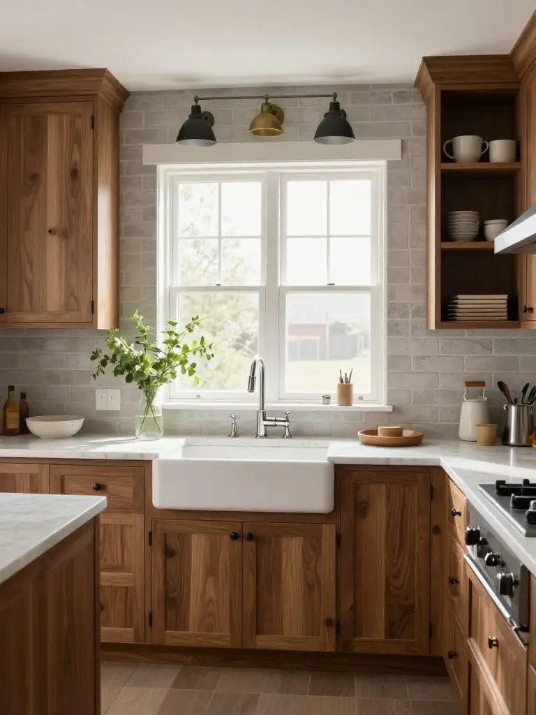 A bright transitional kitchen with a modern rustic touch, featuring flat-panel walnut lower cabinets with visible wood grain, honed white ma.