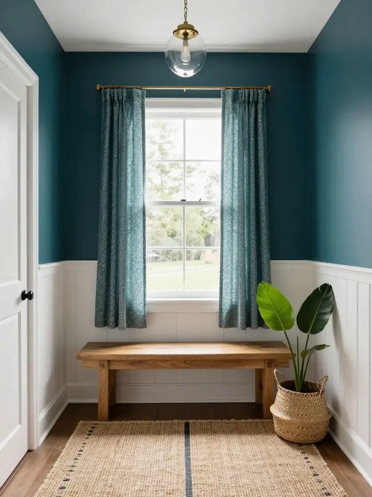 A cozy entry nook blending modern rustic and traditional elements, featuring deep teal walls above crisp white wainscoting.