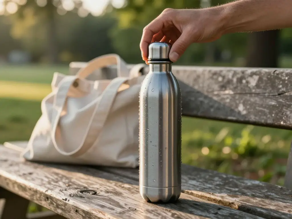 A close-up, photograph of a hand unscrewing the stainless steel cap on a brushed metal refillable water bottle, with condensation beading on.