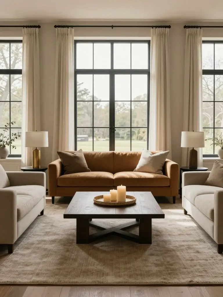 A symmetrical modern earthy living room designed with layered beige tones and large black-framed windows forming the backdrop.