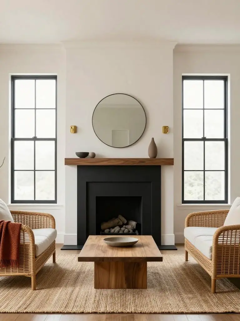 A symmetrical stylish minimalist living room featuring a matte black fireplace framed by two tall windows.