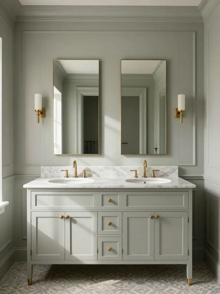A symmetrical sage paneled wall bathroom with tall inset molding painted in soft eucalyptus.