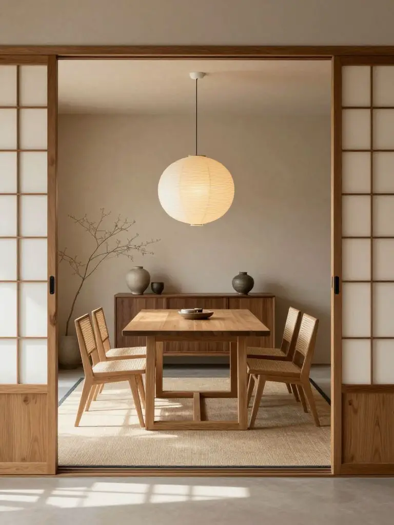 A symmetrical Japandi dining space framed by full-height shoji sliding panels.