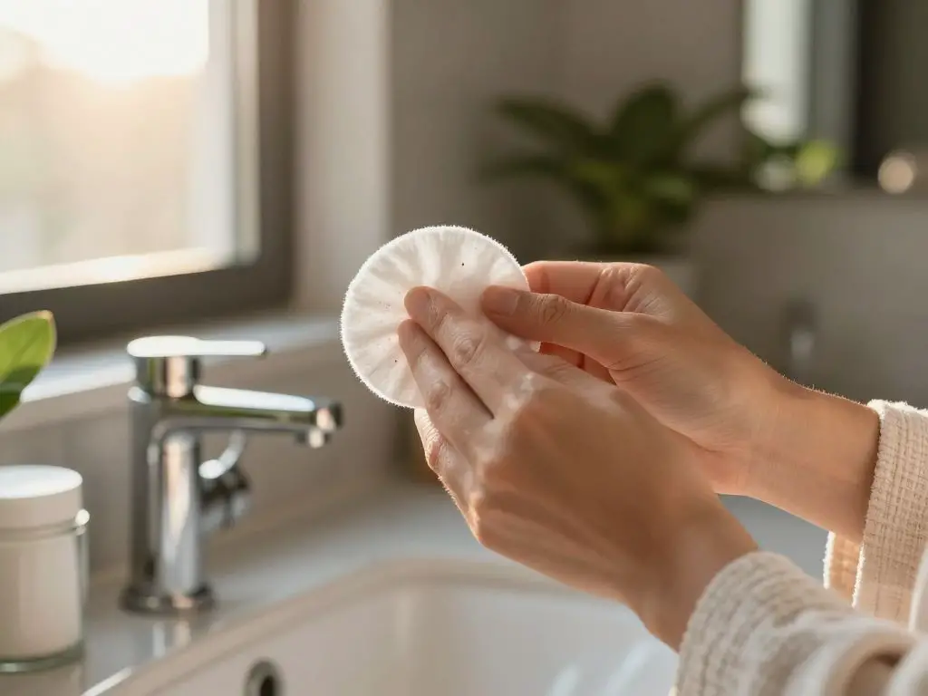 Show a person gently removing makeup with a reusable cotton pad in a modern bathroom during golden hour, with sunlight streaming through a f.