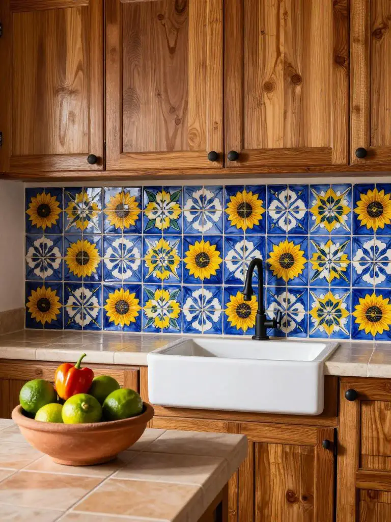 A rustic Mexican kitchen corner highlighting a bold Talavera tile backsplash in cobalt blue, sunflower yellow, and crisp white floral motifs.