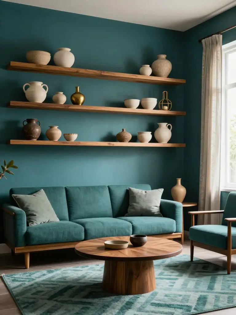 A teal-painted Mexican living room wall serving as a bold backdrop for floating natural wood shelves styled with handcrafted pottery and wov.