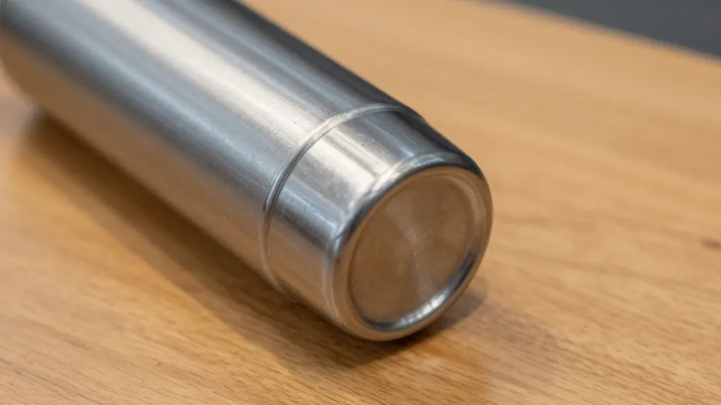 Closeup of reusable stainless steel water bottle on a wooden table