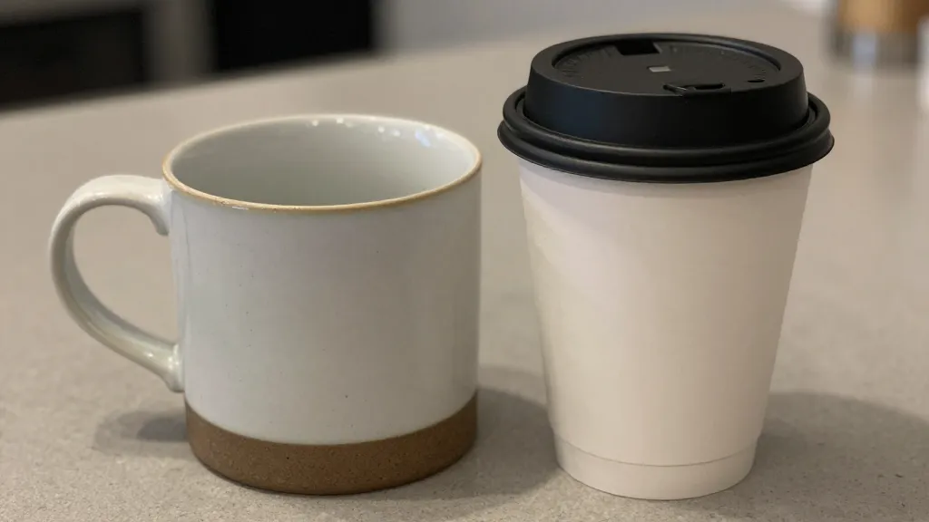 Closeup of a ceramic mug beside a compact reusable coffee cup on a counter