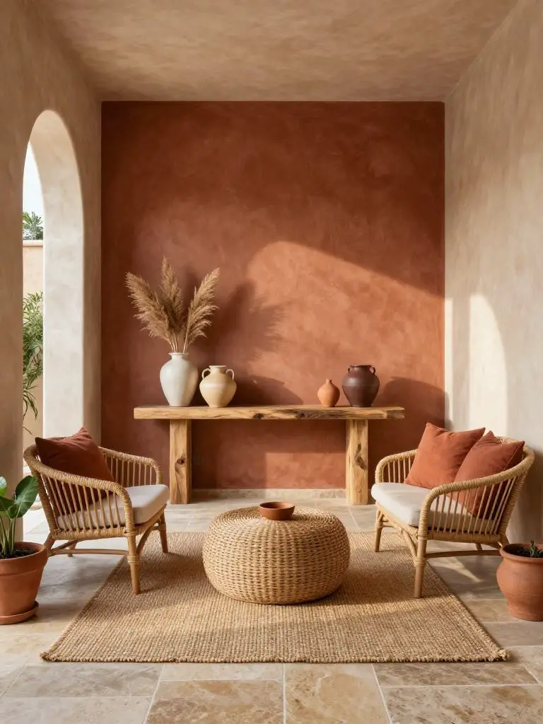 Design a sustainable home decor entry nook in a Mediterranean Modern Rustic style with a terracotta limewash accent wall as the hero backdro.