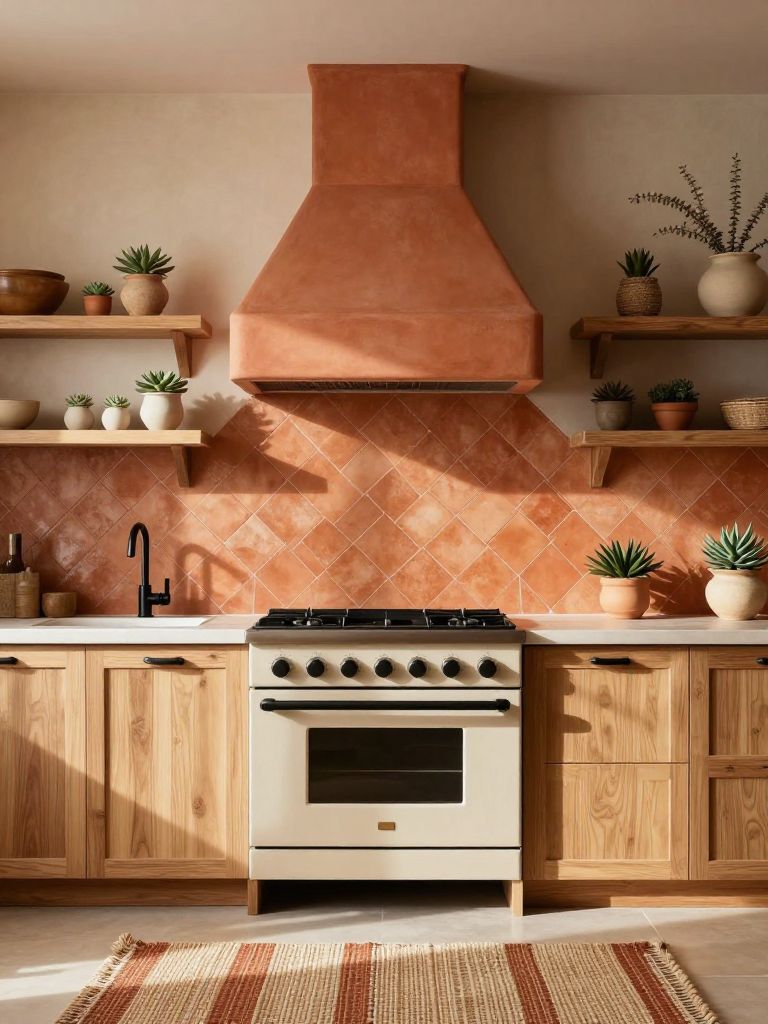A terracotta-forward earthy kitchen blending Mediterranean warmth with modern rustic simplicity.