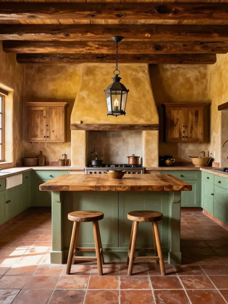 A Mexican Hacienda kitchen with classic terracotta Saltillo tile flooring in warm burnt sienna and clay tones, paired with a distressed sage.