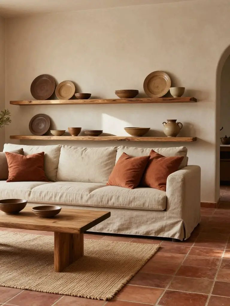 A sustainable living room centered around terracotta tile flooring in warm clay and burnt sienna tones.