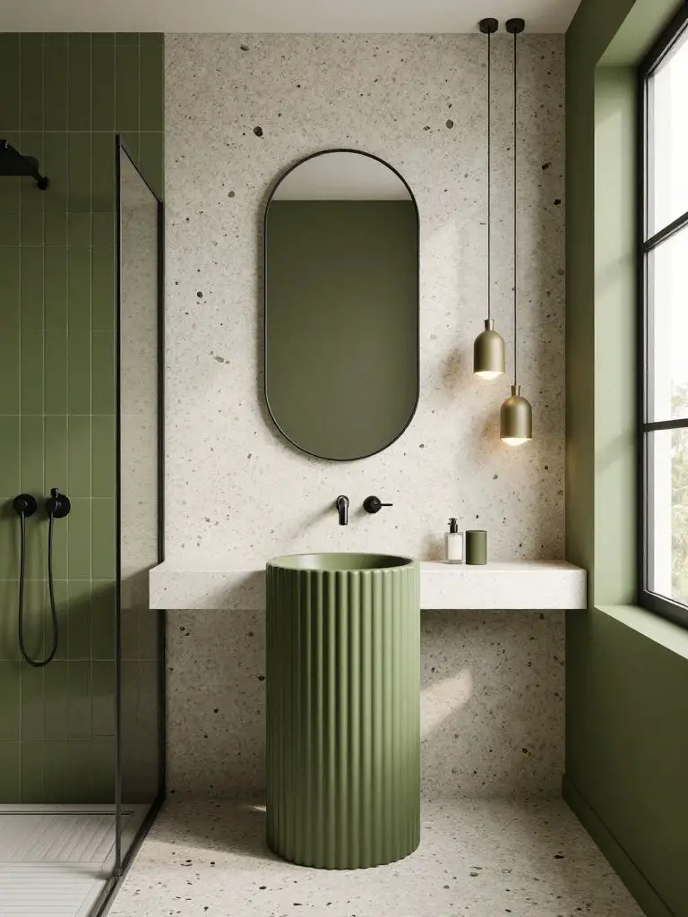 A bold olive green bathroom with terrazzo walls and floor paired with a cylindrical ribbed olive pedestal sink.
