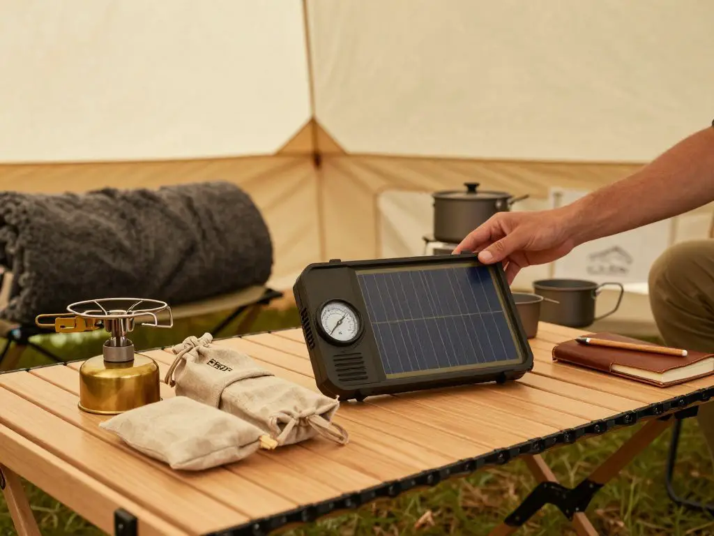 Interior camping scene inside a canvas bell tent styled with Scandinavian simplicity, featuring a person's hands (crop at wrists, no faces).