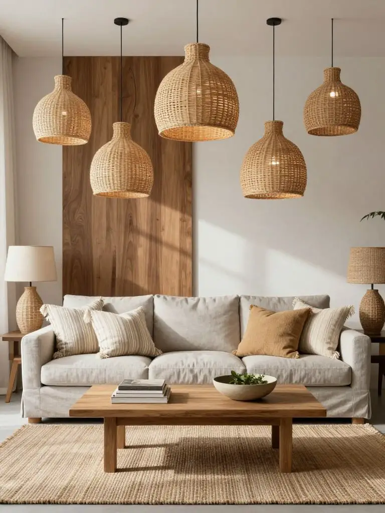 A textured boho country living room anchored by five woven rattan pendant lights suspended at staggered heights above a pale gray linen sofa.