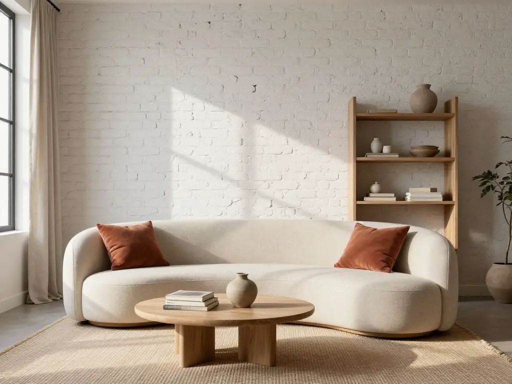 A cozy minimalist living room featuring a whitewashed brick accent wall in a Modern Rustic + Warm Minimalist blend.