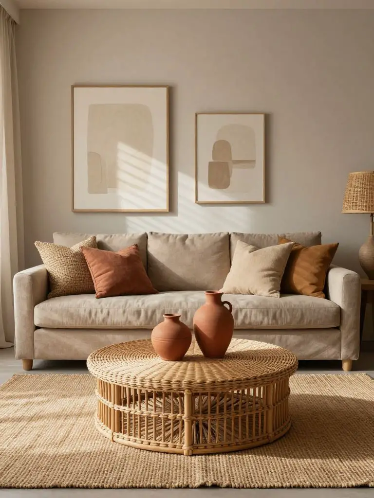 A cozy earthy living room designed in a Modern Rustic style featuring a warm taupe upholstered sofa layered with woven sand, clay, and caram.