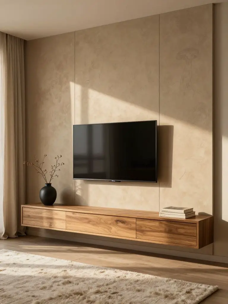 A minimalist TV wall featuring a textured warm taupe panel backdrop in a modern rustic style.