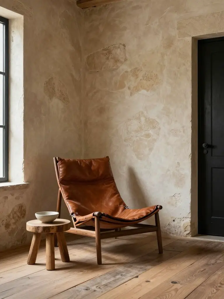 A rustic eco friendly corner featuring a sculptural leather lounge chair as the hero piece, positioned against a dramatically textured plast.