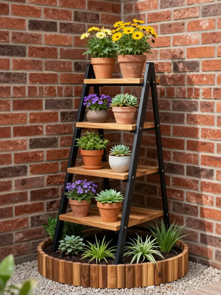 A tiered ladder-style planter stand positioned in a small backyard corner against a red brick wall, blending Modern Rustic and Warm Minimali.