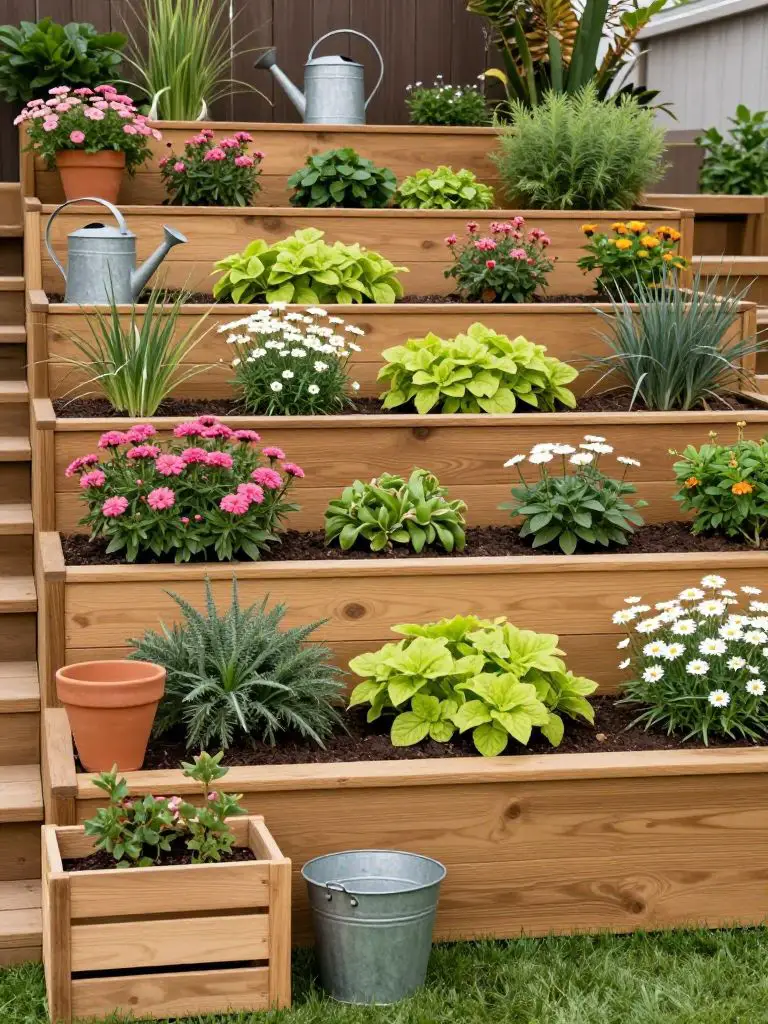 A multi-tiered raised wooden garden bed showcasing layered flowering plants and greenery arranged vertically for depth.