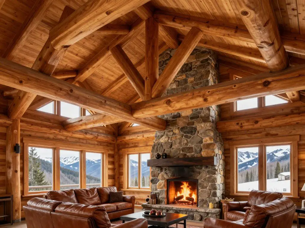 interior photograph of timber frame cabin with massive exposed hand-hewn beams, cathedral ceiling showing wooden joinery, natural wood grain.