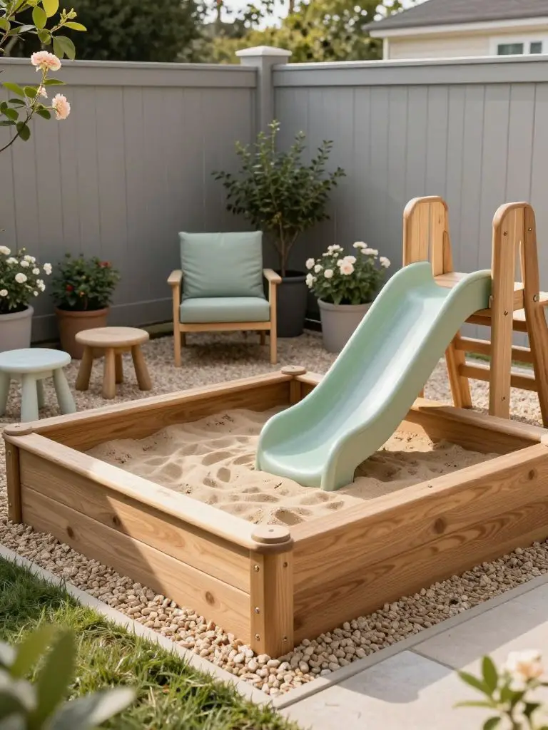A thoughtfully styled tiny backyard children’s play zone featuring a compact wooden sandbox as the central focal point, blending Modern Rust.