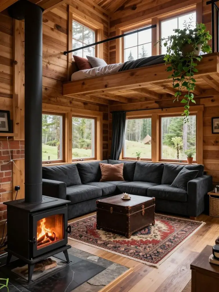 A tiny mountain cabin living space with double-height wood plank walls and a compact layout.
