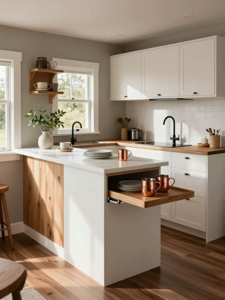 A compact tiny home kitchen featuring a built-in pull-out breakfast bar extension in a Modern Rustic blend.